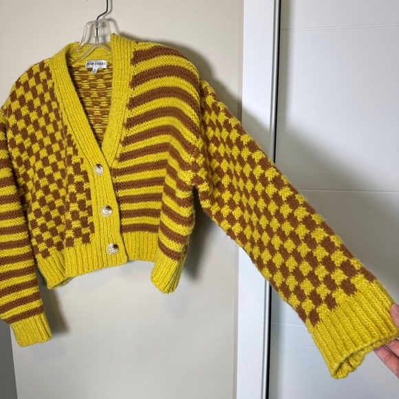 Oscar Street Wool Blend Knit Yellow Brown Checkered Striped Sweater Size Small - Picture 3 of 9
